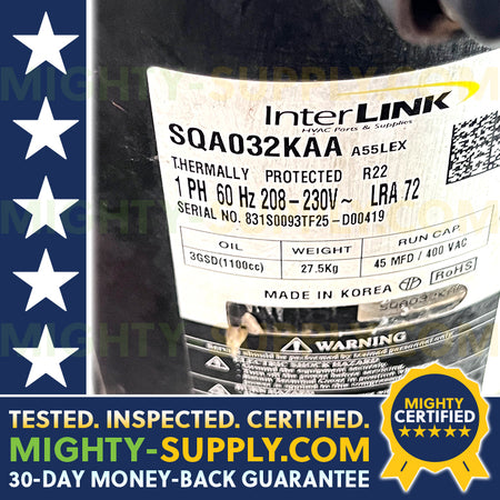 InterLINK SQA032KAA 32300 BTUH Scroll Compressor, R-22, 11.1 EER, 208-230 VAC 1 Ph 60 Hz