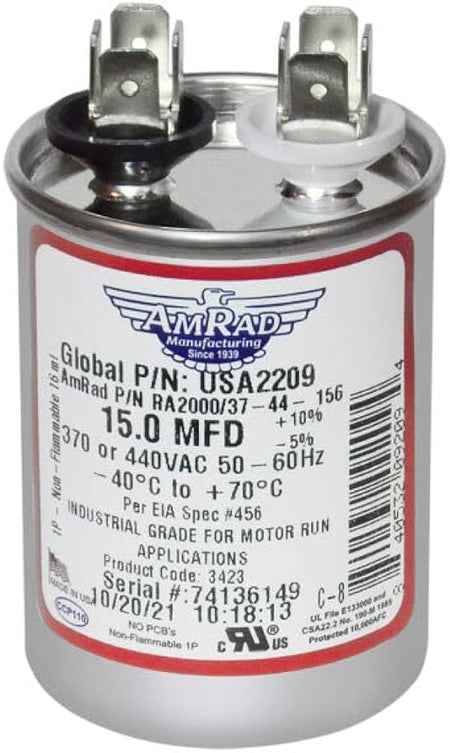 AMRAD ENGINEERING USA2209 Series Round USA-Made Motor Run Capacitor, 15 Mfd, 370/440 Vac