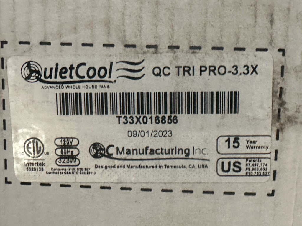 QC Manufacturing Inc QC TRI PRO-3.3X WHOLE House Fan (OPEN BOX)