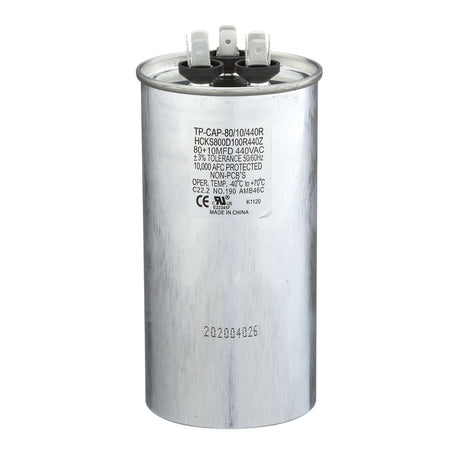 TRADEPRO (TP-CAP-80/10/440R) 80+10 MFD (Microfarads) 440 Volt Round Dual Run Capacitor | 60,000 Hour Operating Life, Aluminum Composition, -40°F to 158°F (-40°C to 70°C) Temperature Range