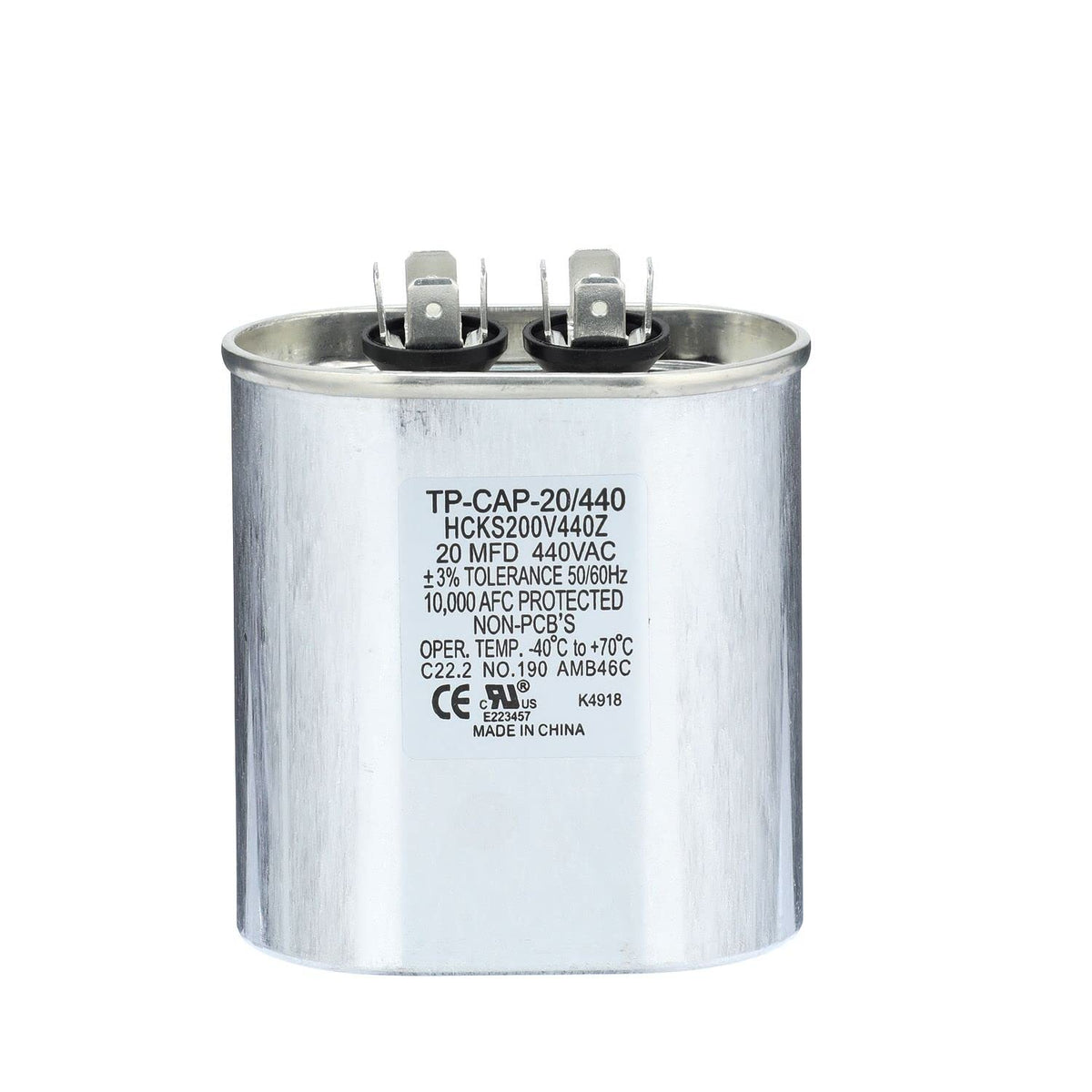 TRADEPRO (TP-CAP-20/440) 20 MFD (Microfarads) 440 Volt Oval Single Run Capacitor | 60,000 Hour Operating Life, Aluminum Composition, -40°F to 158°F (-40°C to 70°C) Temperature Range