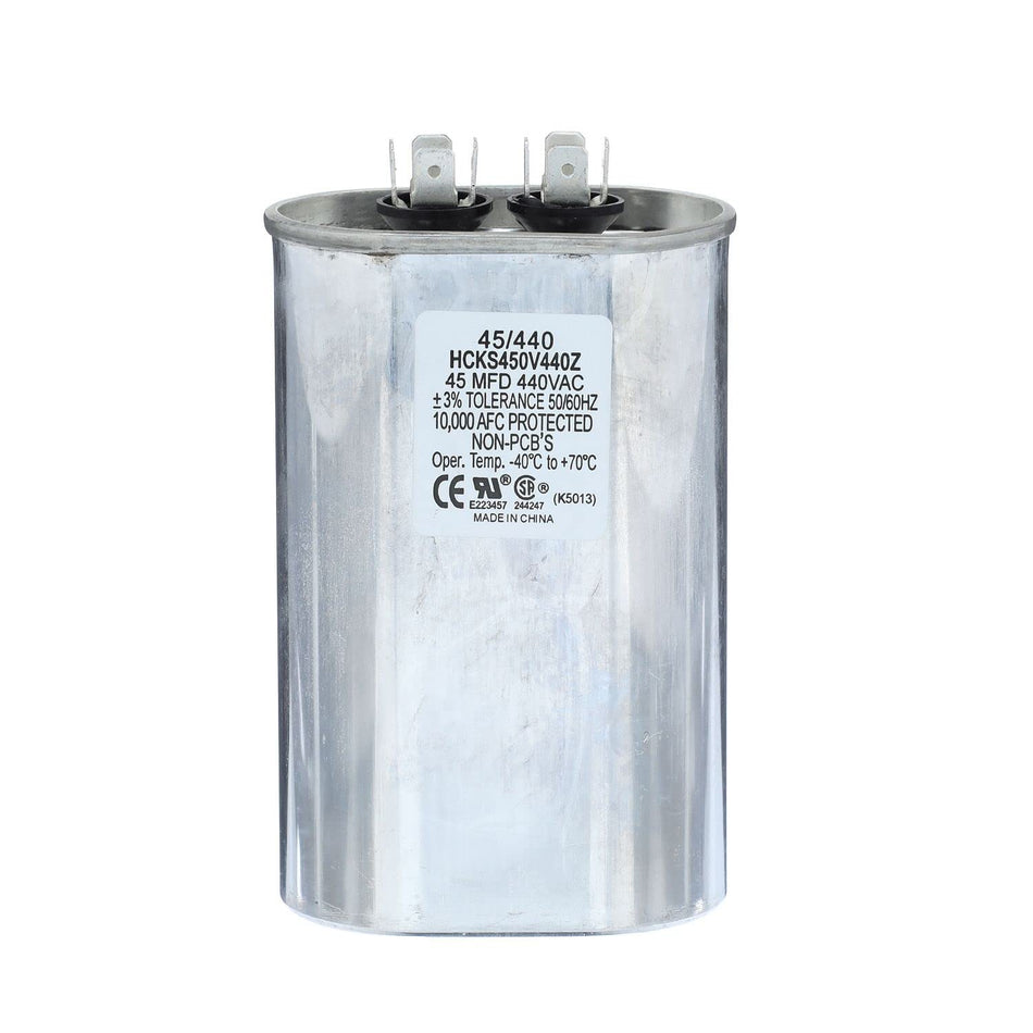 TRADEPRO (TP-CAP-45/440) 45 MFD (Microfarads) 440 Volt Oval Single Run Capacitor | 60,000 Hour Operating Life, Aluminum Composition, -40°F to 158°F (-40°C to 70°C) Temperature Range